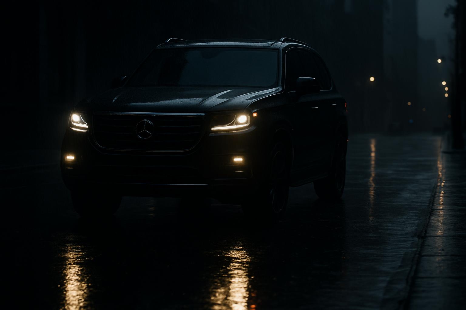" Una imagen de un coche Mercedes-Benz en la oscuridad."